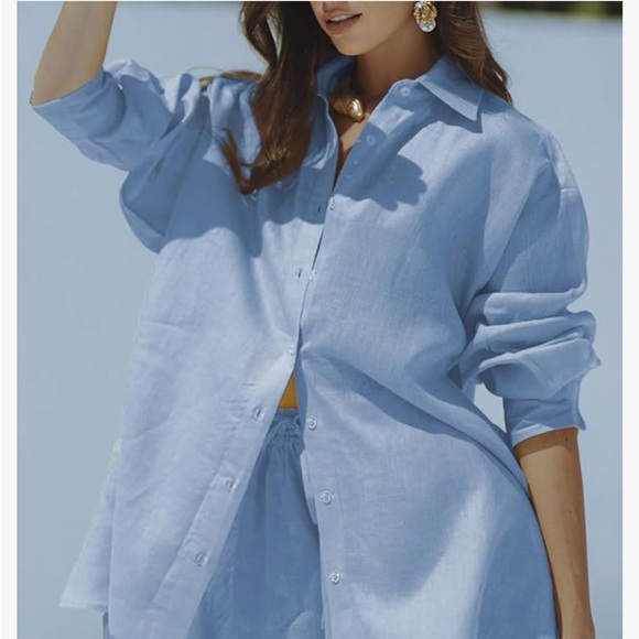 Fixmatti Women 2 Piece Outfits Long Sleeve Button Down Shirt and Shorts Set - Picture 5 of 6